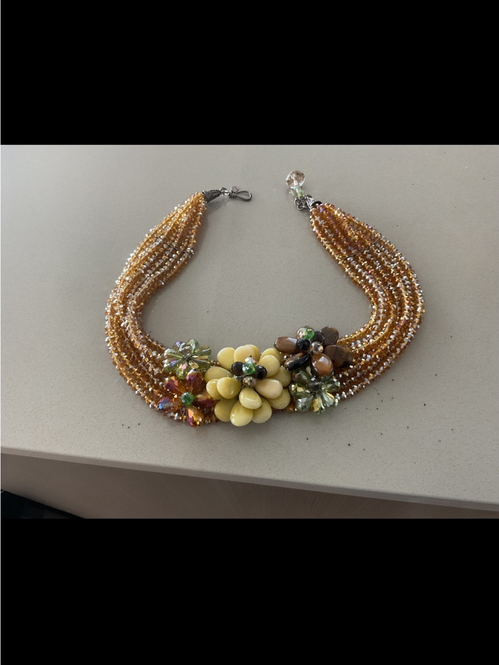 Yellow Floral Multi-Strand Beaded Statement Necklace amber and fine stones